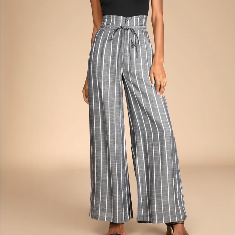 Navy Blue Striped High-Waisted Wide Leg Pants